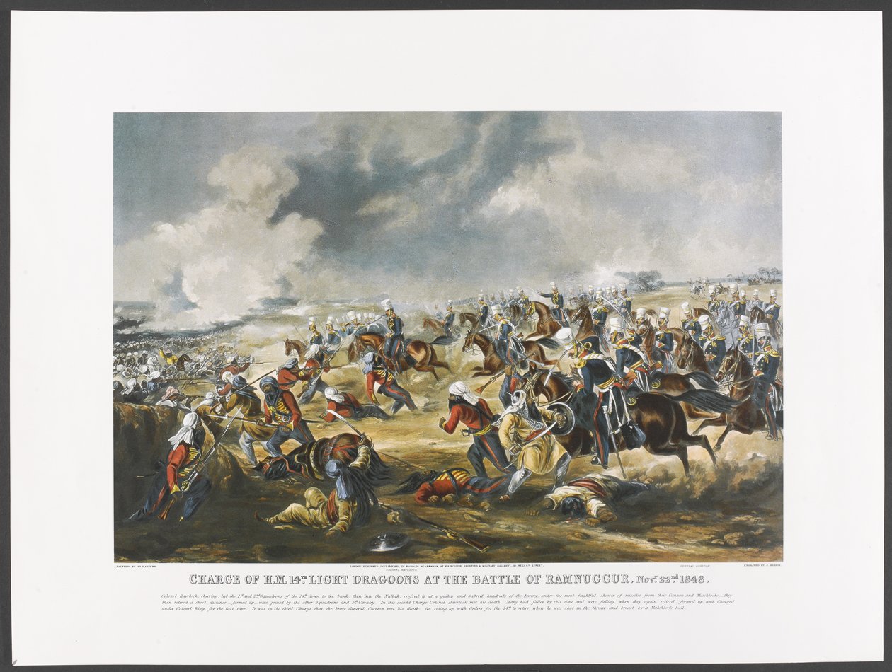 Charge of H.M. 14th Light Dragoons at the Battle of Ramnuggur, 22nd November 1848, engraved by J. Harris, c.1851 by Henry (after) Martens
