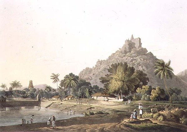 Pagodas at Trinchicunum, plate XI, engraved by Daniel Havell by Henry (after) Salt