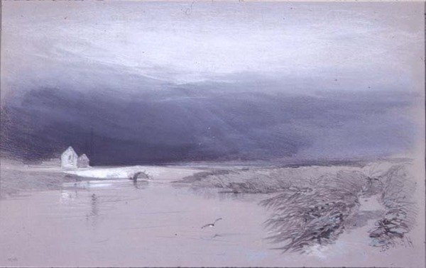 Landscape with River and Bridge: Rain coming on by Henry Bright