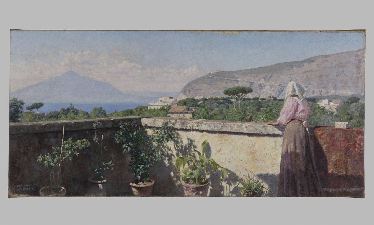 Woman on the terrace of the Cocumella Hotel. View of Vesuvius by Henry Brokman Knudsen