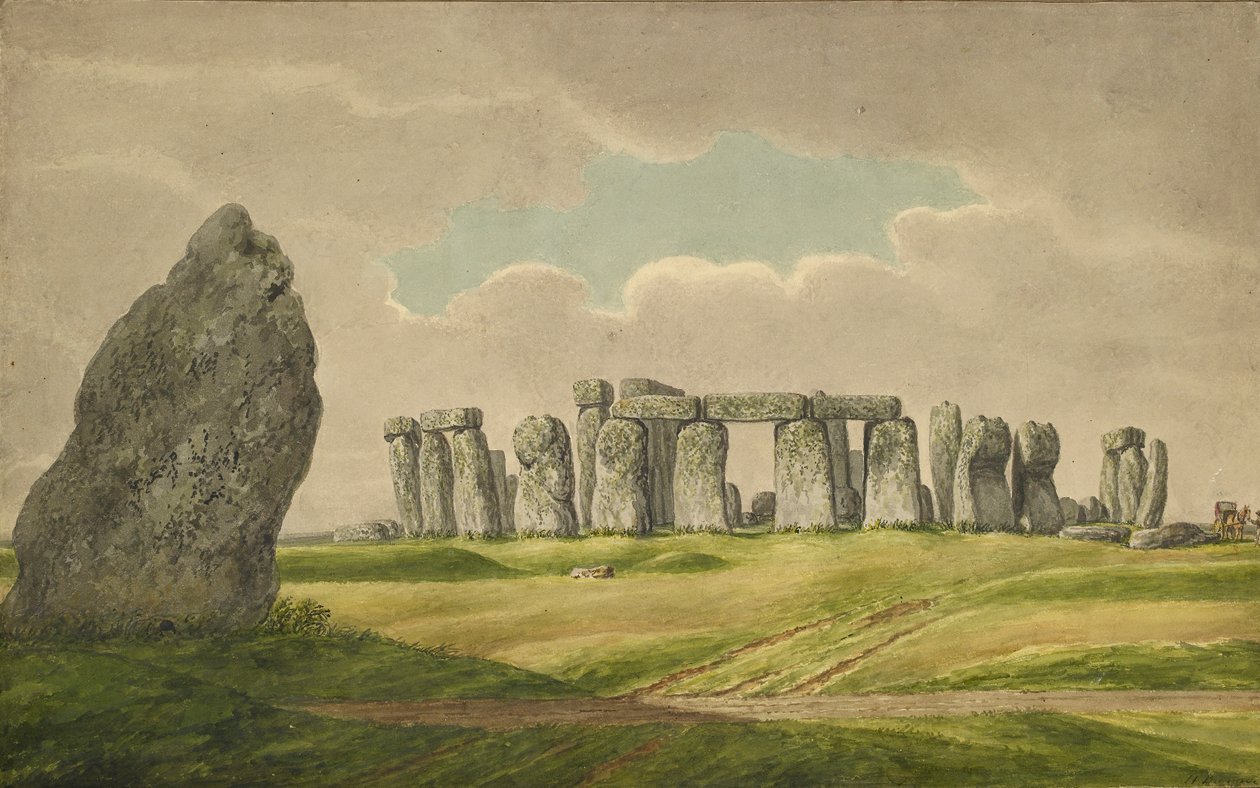 Stonehenge from the N.E., showing ruins and heel stone with cart, horse, person, 1824-1839 by Henry Browne
