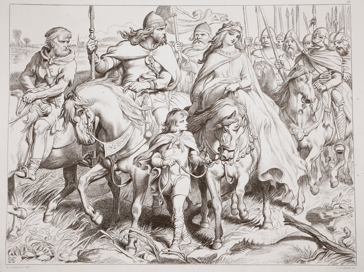 Hereward Guards Alftruda to a Place of Safety, illustration from Hereward the Great by Charles Kingsley, engraved by C.G. Lewis by Henry Courtney Selous