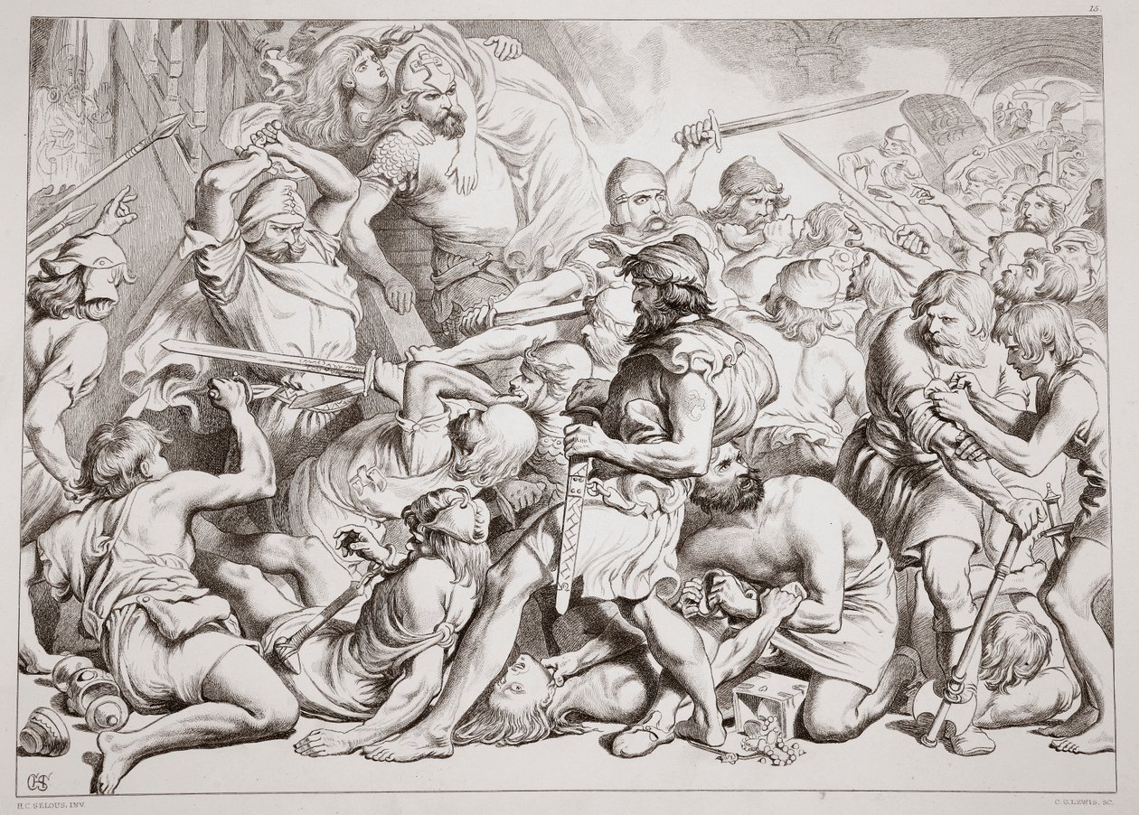 How Hereward rescues Alftruda (illustration from Hereward the Great by Charles Kingsley, pub. 1870, engraved by C.G. Lewis) by Henry Courtney Selous