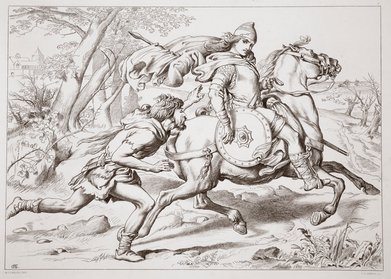 How Martin Lightfoot over-takes Hereward, illustration from Hereward the Great by Charles Kingsley, pub. 1870, engraved by C.G. Lewis by Henry Courtney Selous