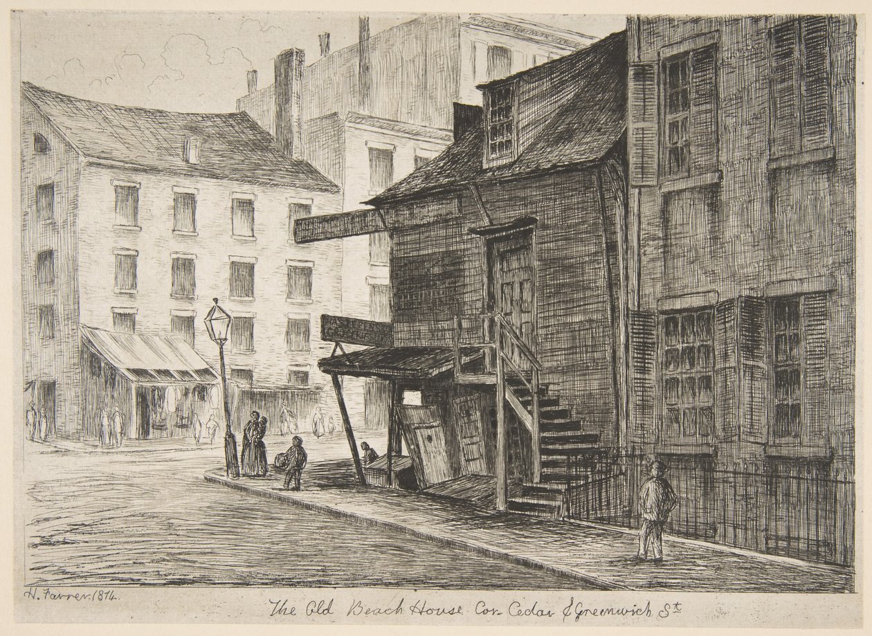 The Old Beach House, Corner of Cedar and Greenwich Streets, from "Scenes of Old New York" by Henry Farrer