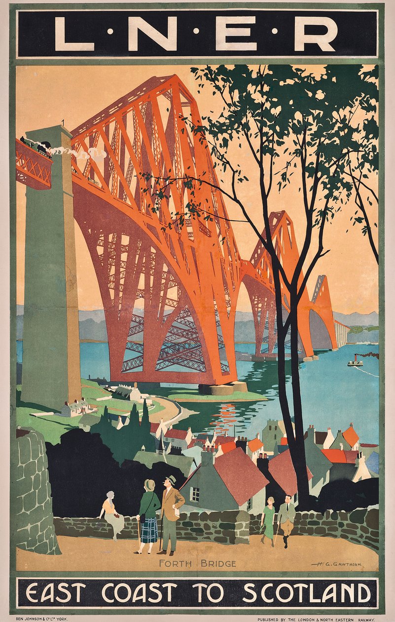 A London and North Eastern Railway poster advertising east coast journeys to Scotland by Henry George Gawthorn