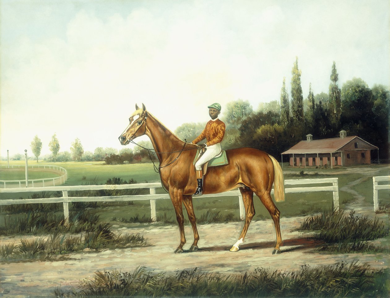 A Chestnut Racehorse with Jockey Up on a Training Track with Stables Beyond by Henry H. Cross
