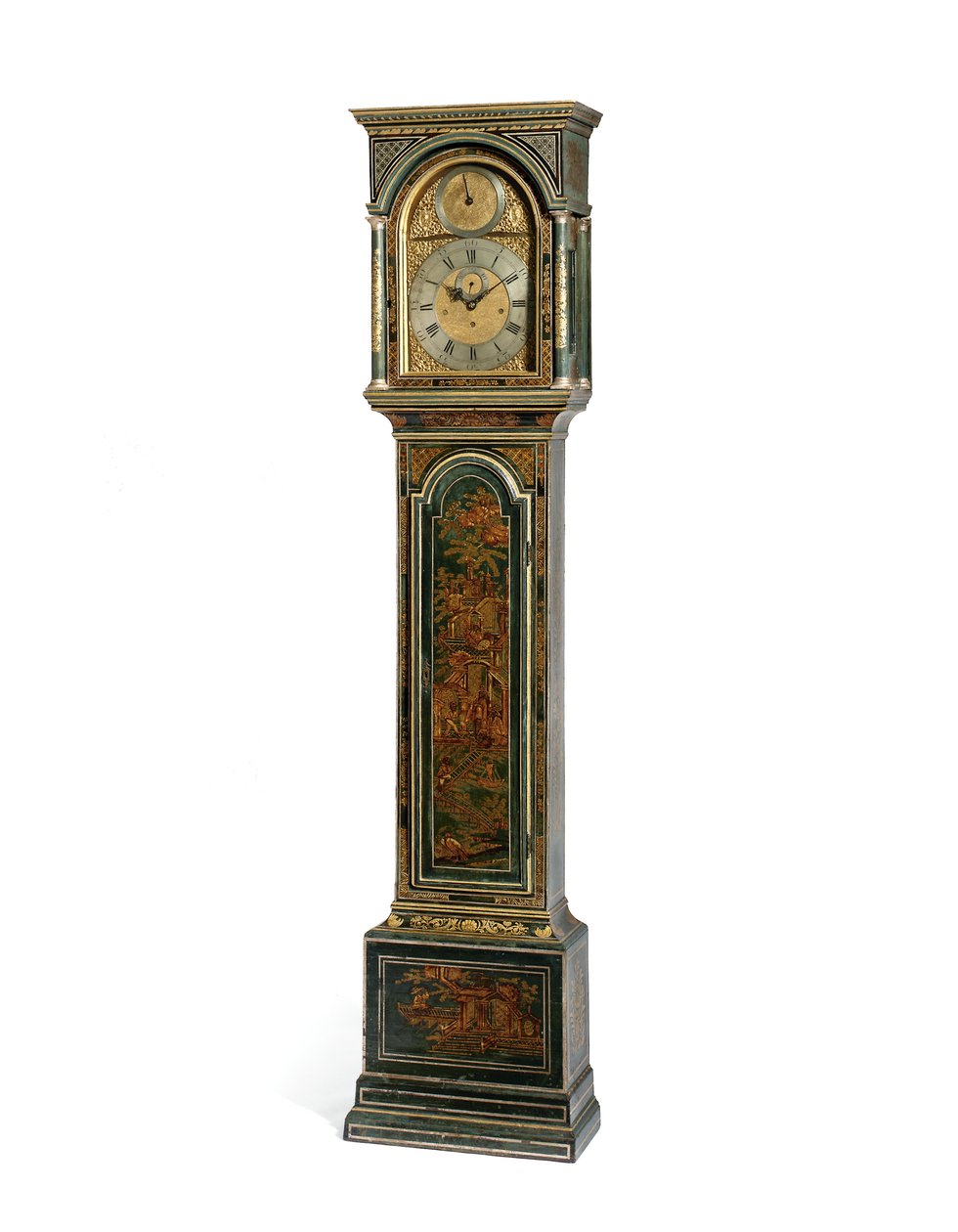 George III blue Japanned quarter striking long case clock, York by Henry Hindley