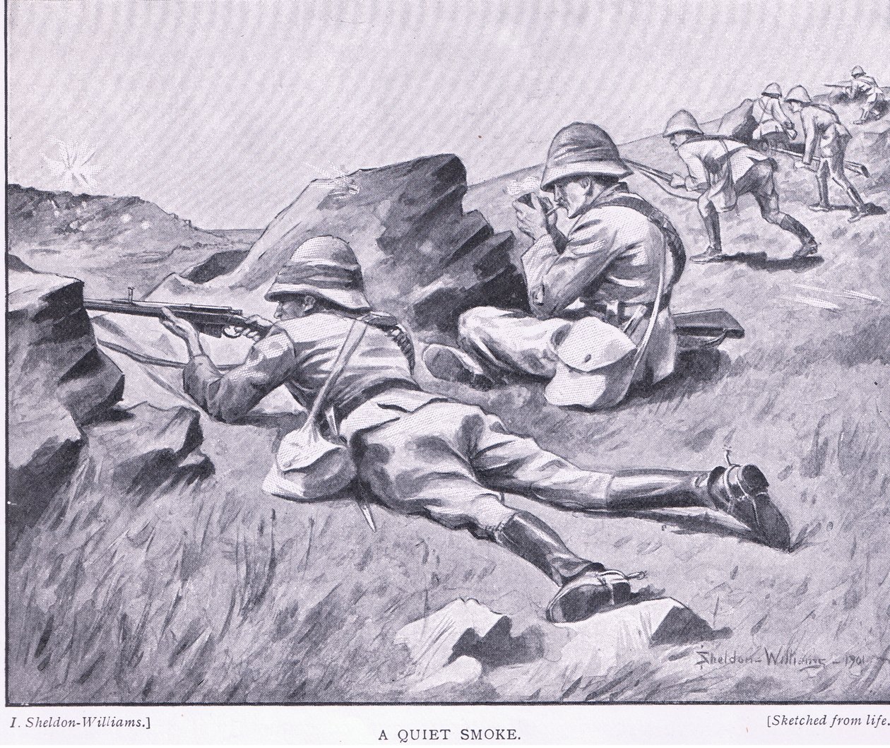 A Quiet Smoke, from After Pretoria: The Guerilla War published by Harmsworth Bros Limited by Henry Inglis Jodrel Sheldon Williams