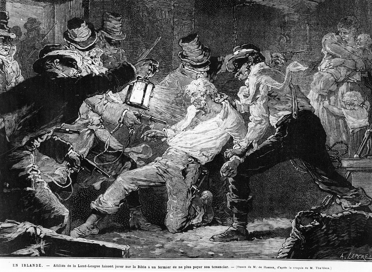 Associates of the Land-League force a tenant farmer to swear on the bible that he will not pay his rent, print made by A. Lepere, from 