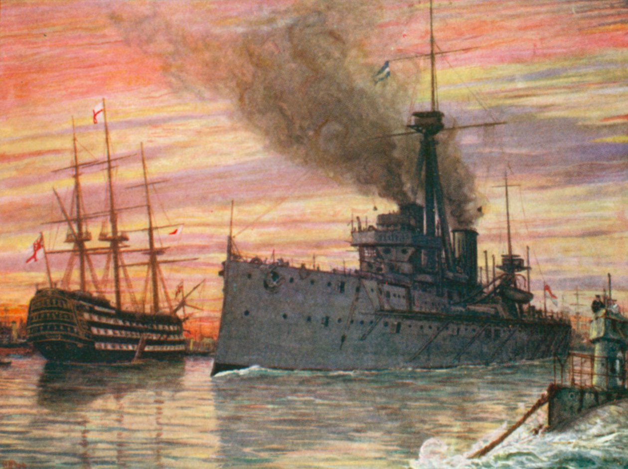 In Portsmouth Harbour in 1909, the "Dreadnought" and the "Victory" by Henry Justice Ford