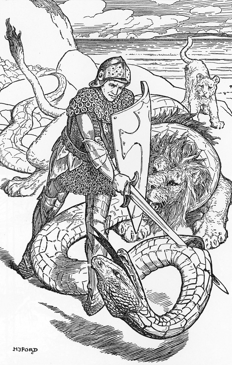 Percival fighting the serpent Illustration by HJ Ford (1860-1940) from “The book of romance” 1902 Private collection by Henry Justice Ford