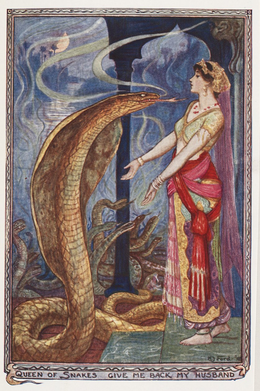 Queen of Snakes, Give me back my husband, illustration from The Olive Fairy Book by Andrew Laing, 1907 by Henry Justice Ford