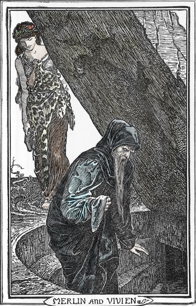 Representation of Merlin the Enchanter and Fee Viviane Illustration by Henry Justice (HJ) Ford (1860-1941) from “The book of romance” 1902 Private Collection by Henry Justice Ford