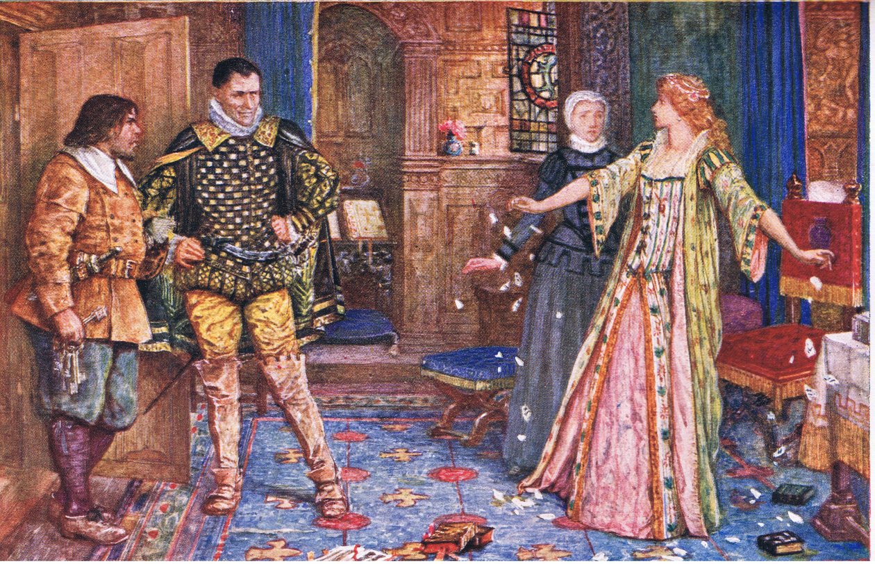 The Countess of Leicester tears up her husbands letter in the presence of Varney and Foster, illustration from Kenilworth by Henry Justice Ford