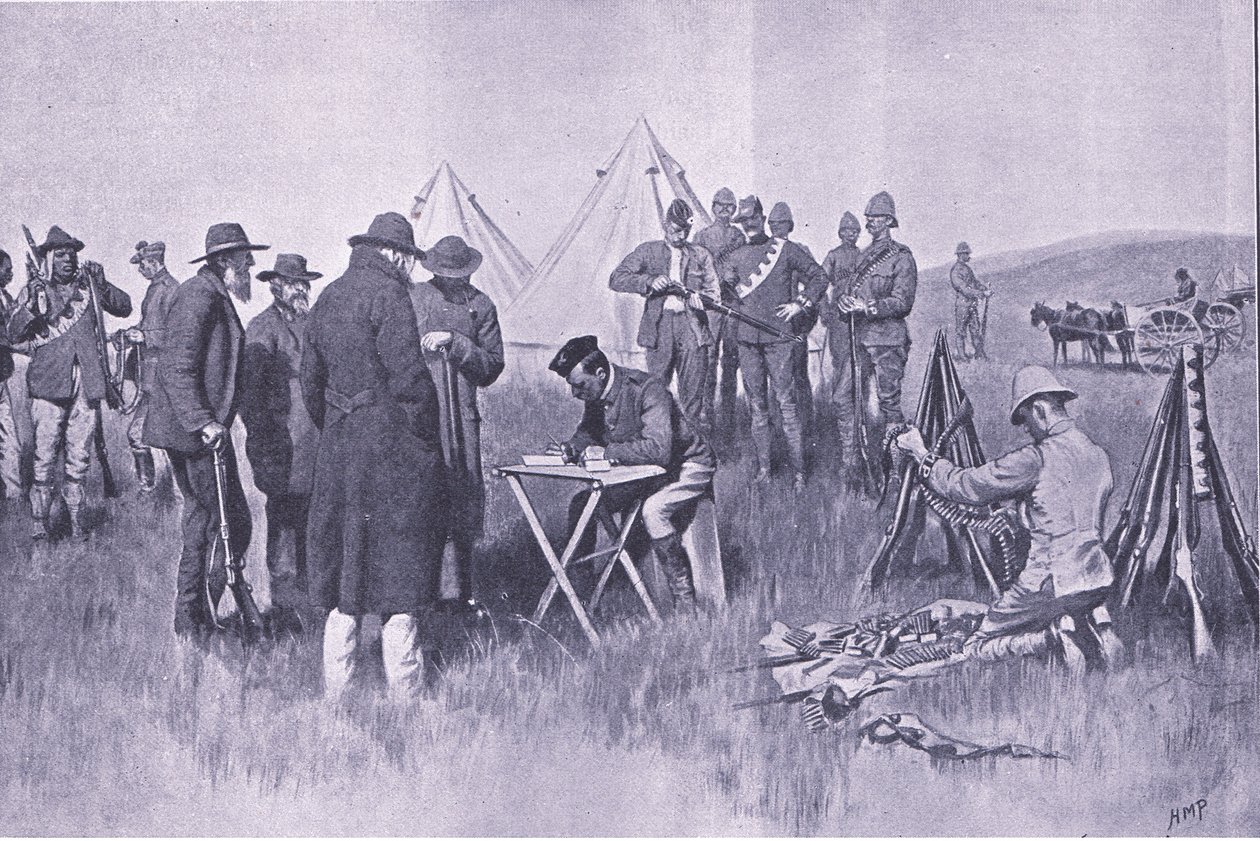 Swearing the oath of neutrality (illustration from After Pretoria: The Guerilla War, 1902) by Henry Marriott Paget