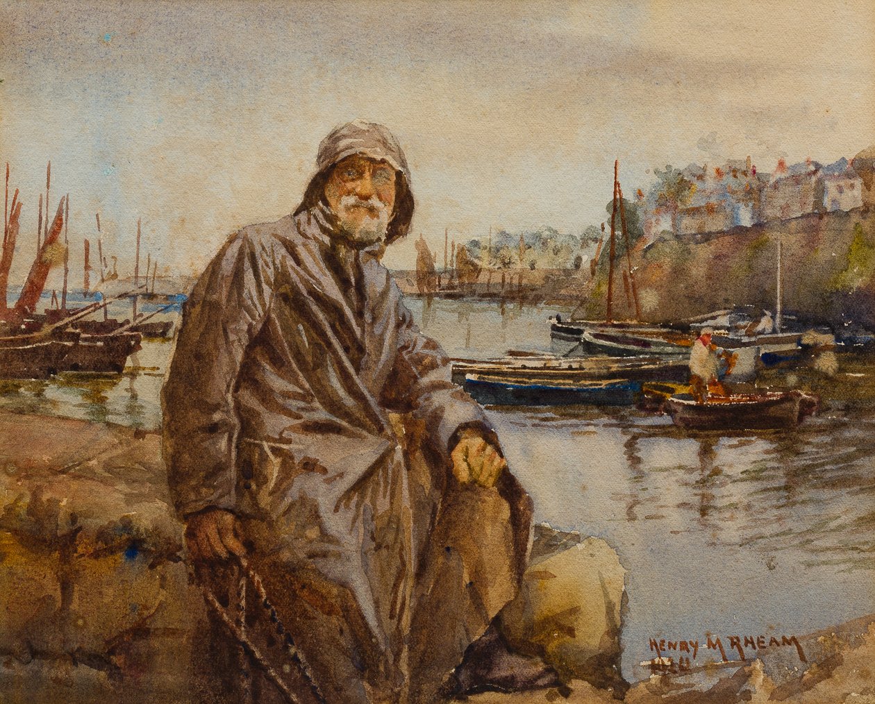 Fisherman on Newlyn Harbour Wall by Henry Meynell Rheam