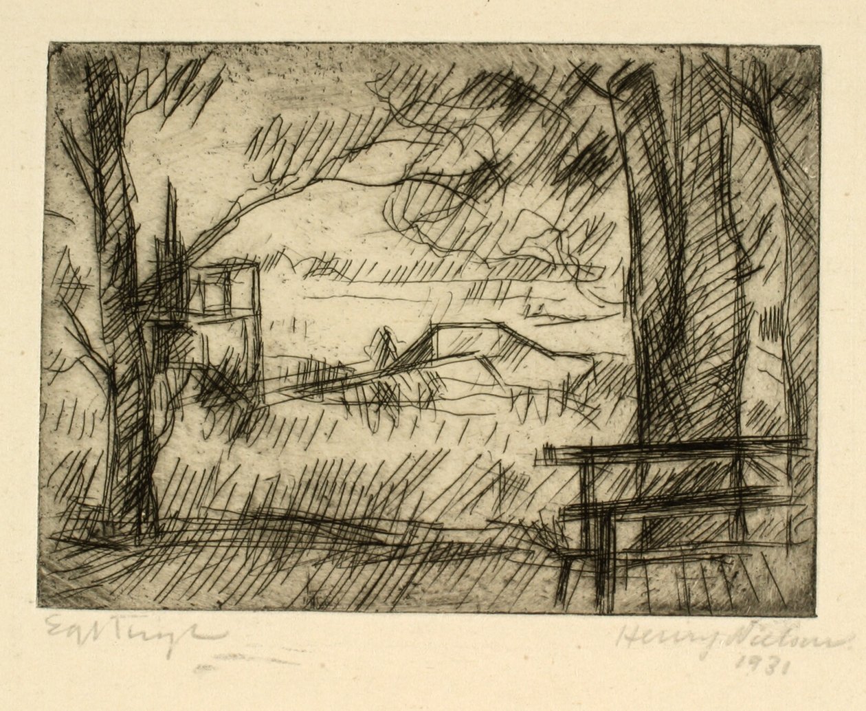 View Over Water from a Shaded Path with a Bench by Henry Nielsen