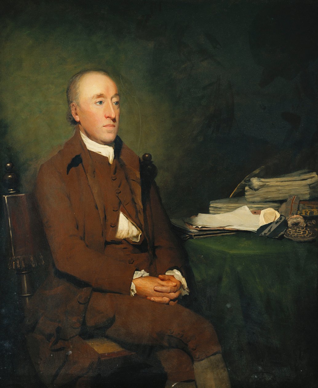 Portrait of Dr. James Hutton, Seated Three-Quarter Length in a Brown Jacket and Breeches and White Stock, a Pile of Geological Specimens on the Table Beside Him by Henry Raeburn