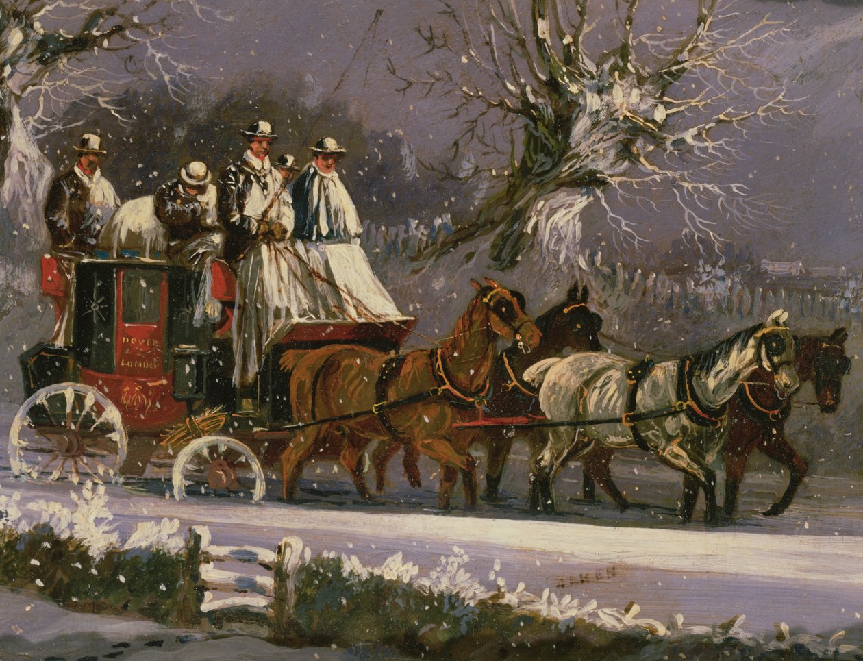 London to Dover coach in the snow by Henry Thomas Alken