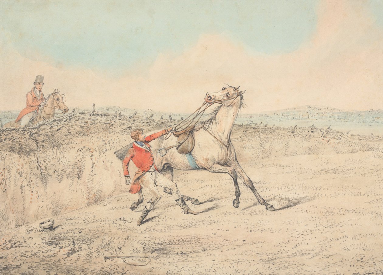 Rider Holding on to a Gray Horse After a Fall by Henry Thomas Alken
