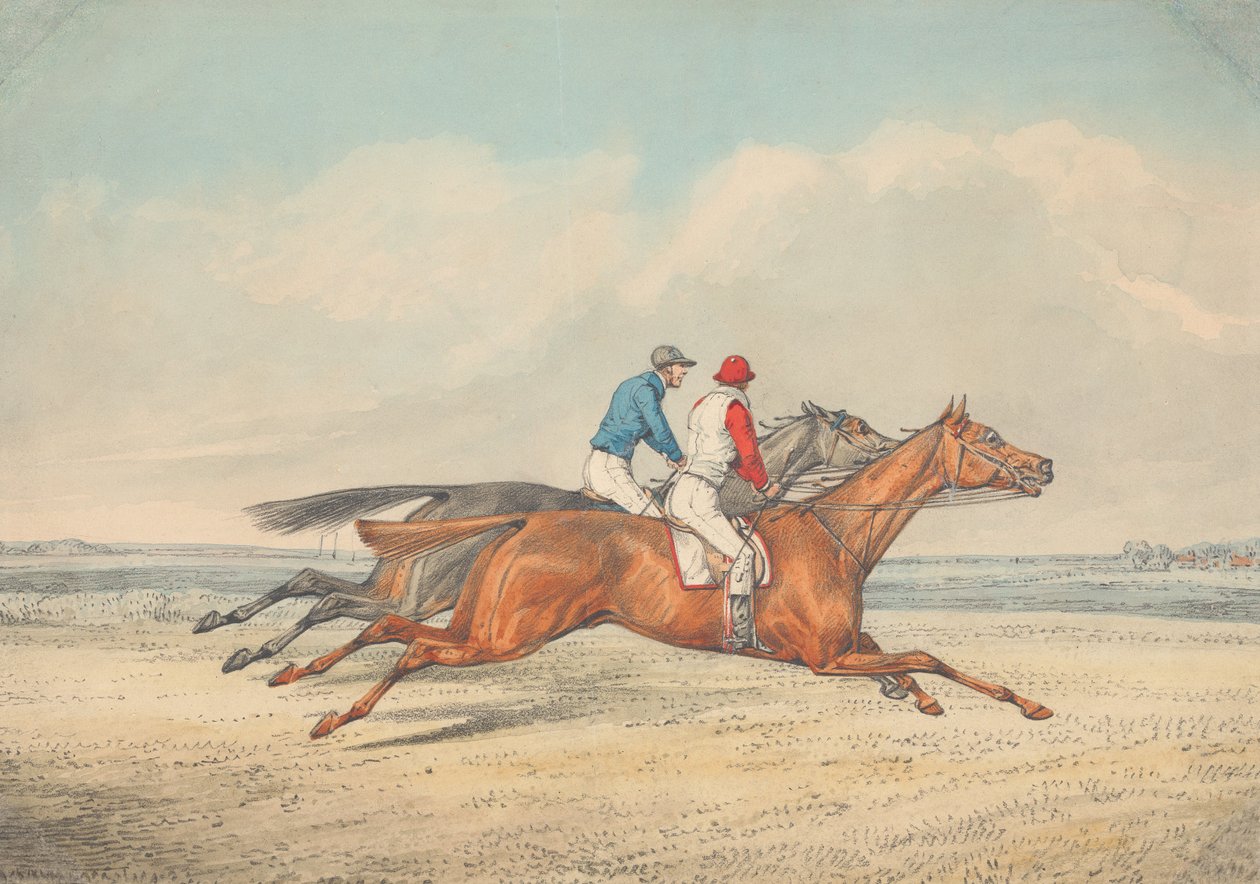 Two Jockeys Galloping Neck and Neck to Right by Henry Thomas Alken