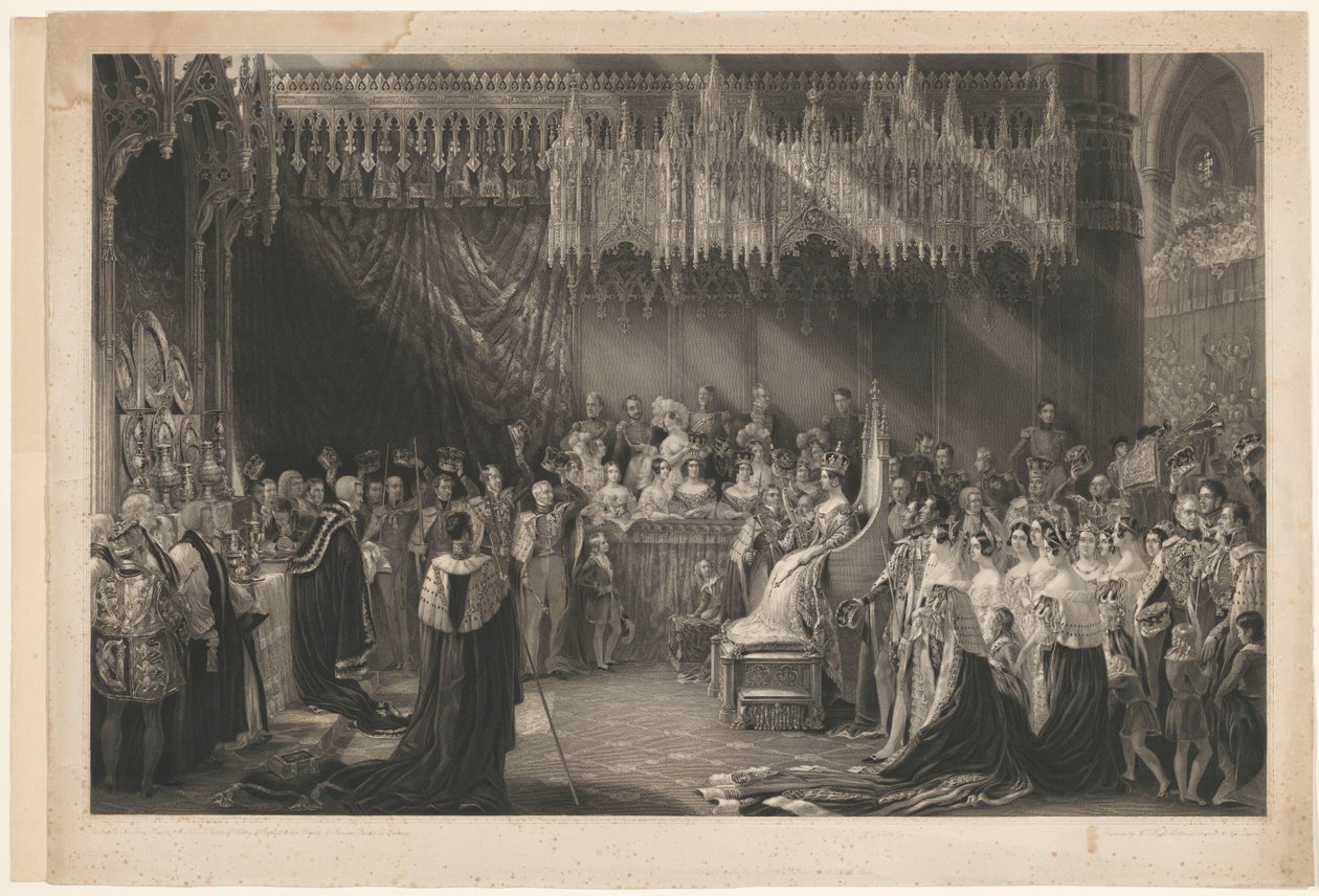 Coronation of Queen Victoria of England. After George Hayter, with address of Graves and Warmsby. Woodcut sketch and legend included by Henry Thomas Ryall