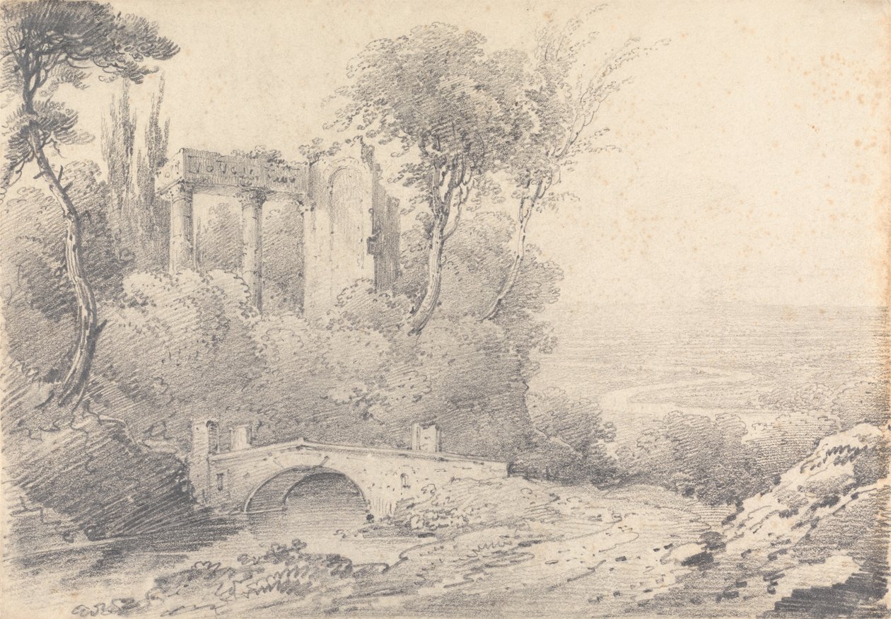 Landscape with Ruins and Bridge by Henry William Burgess