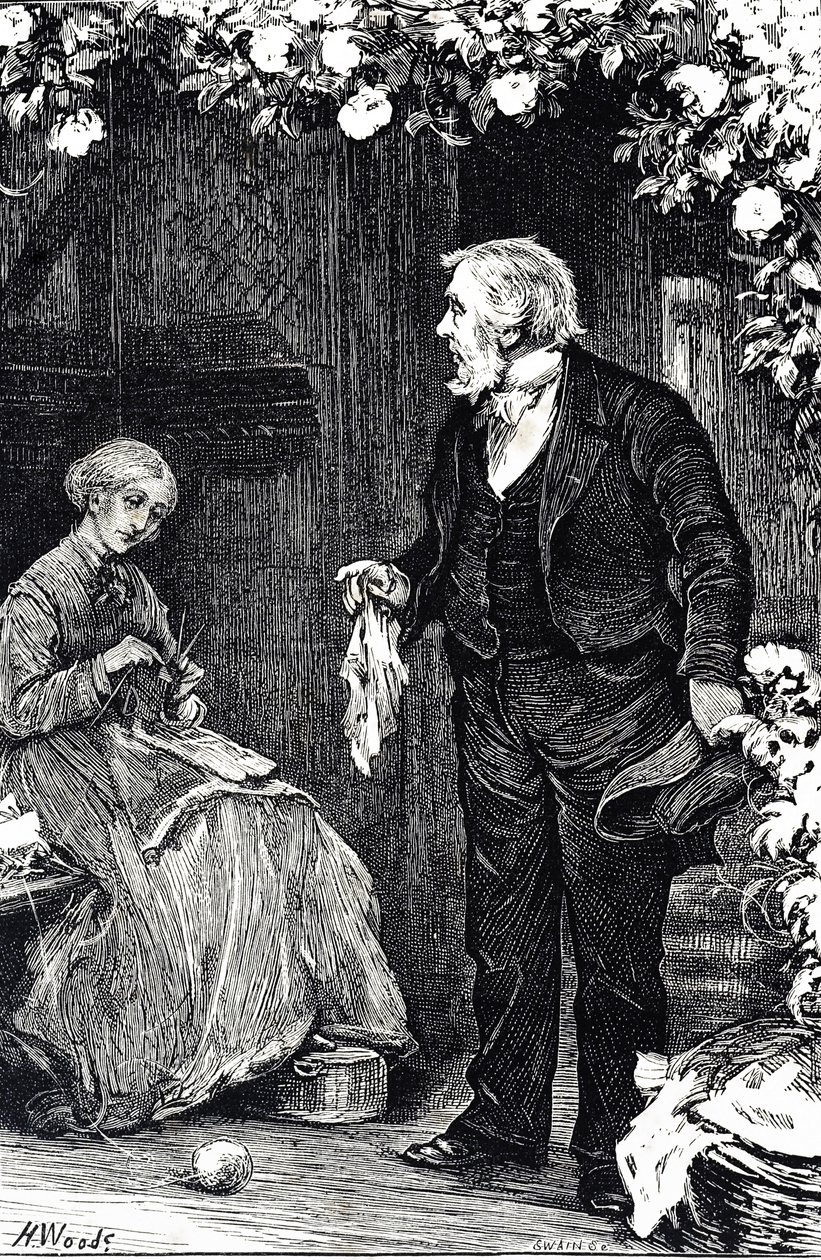 Engraving depicting a woman knitting by Henry Woods