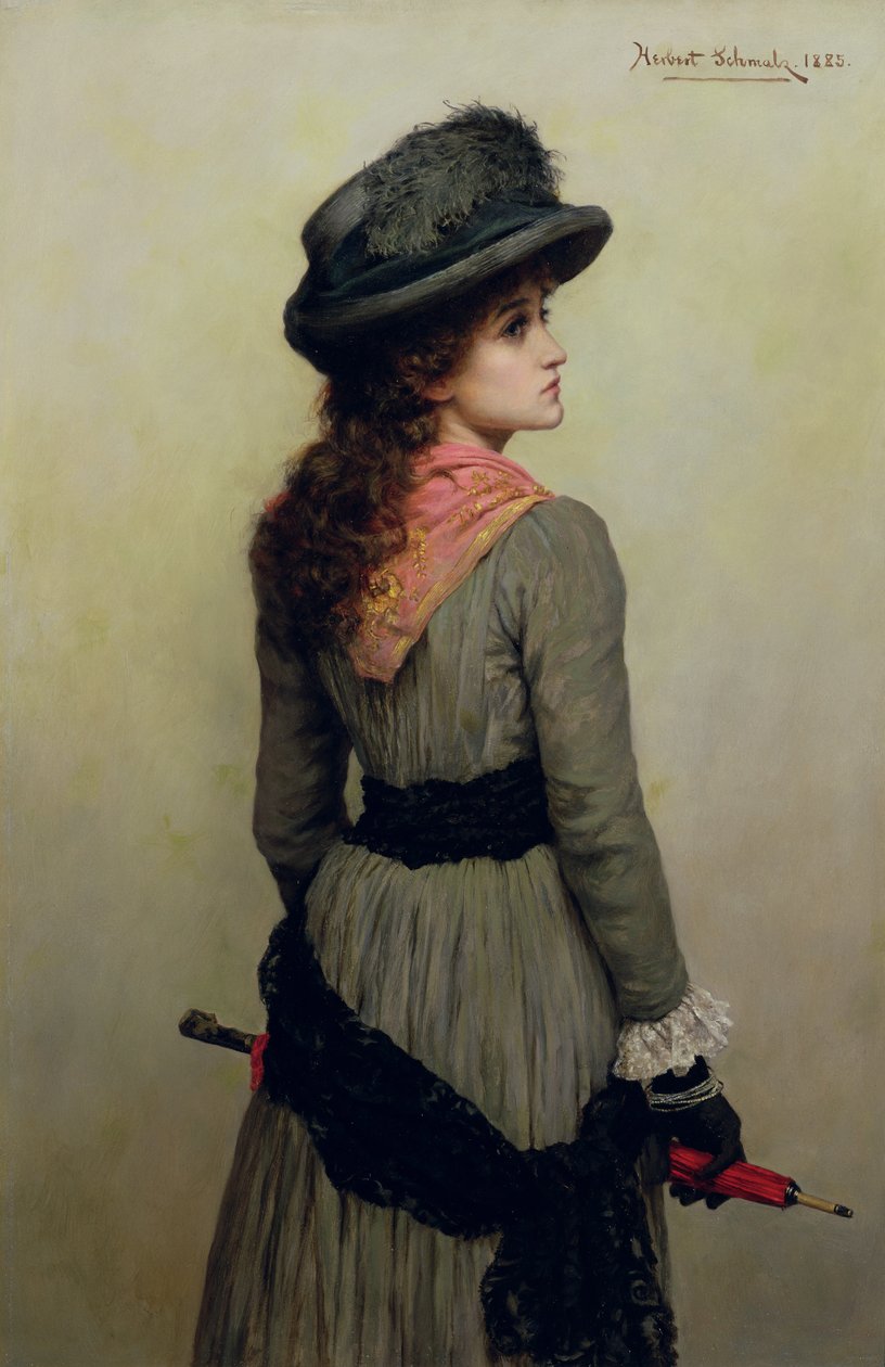 Denise - portrait of young girl with a red umbrella by Herbert Gustave Schmalz
