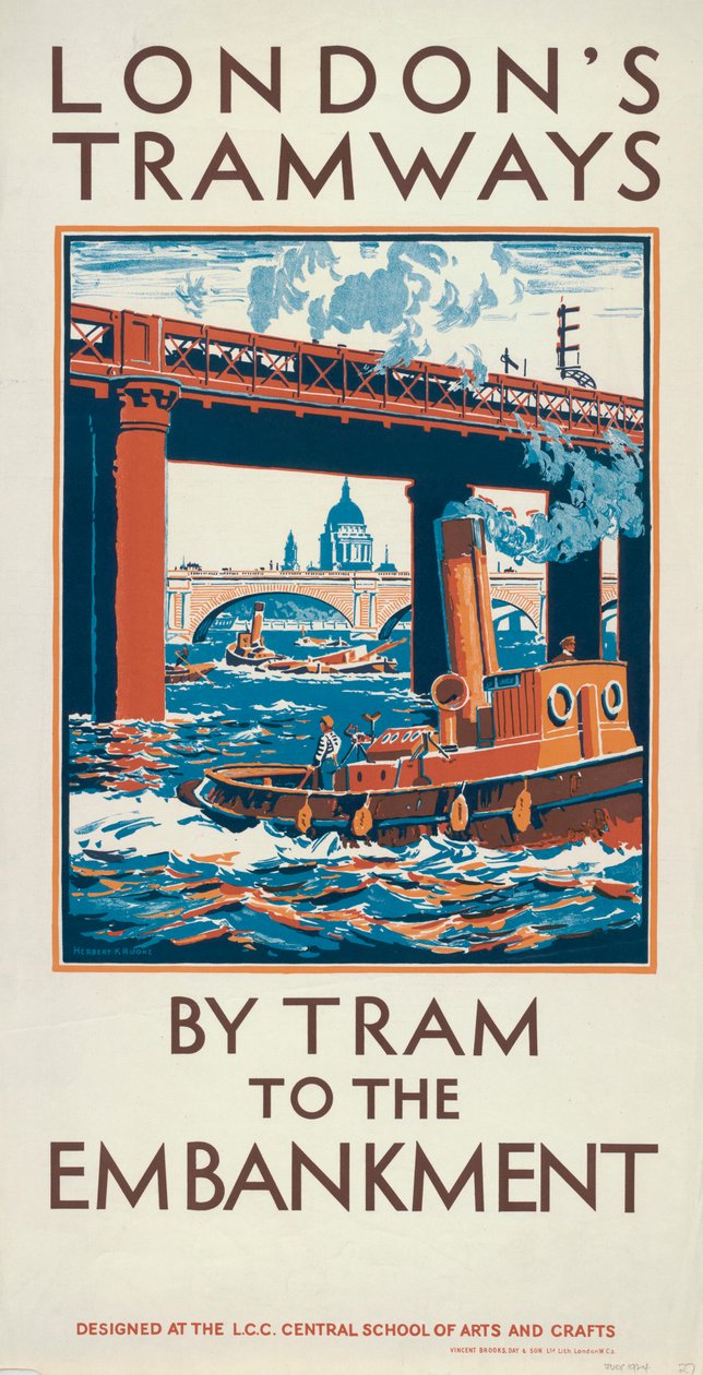 By Tram to the Embankment, London County Council LCC Tramways Poster, 1924 by Herbert Kerr Rooke