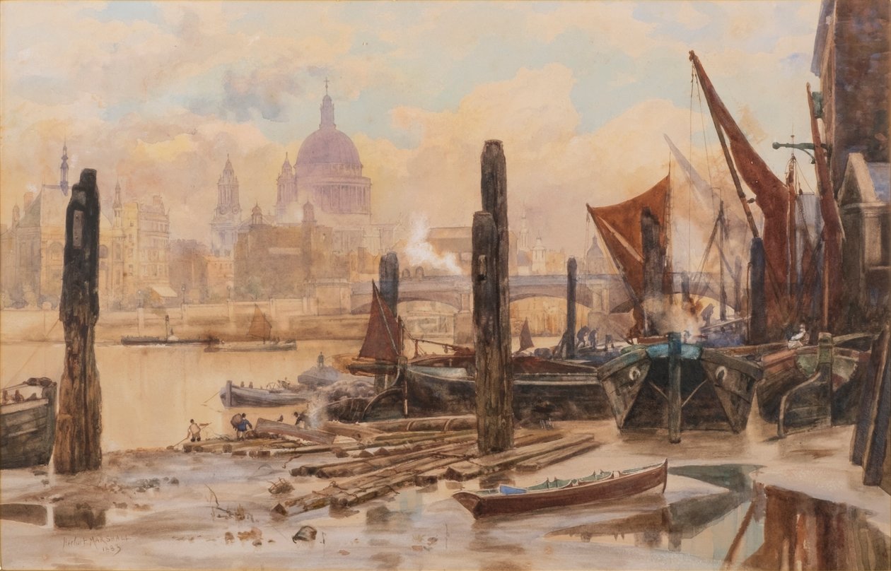 Moored Thames Barges; St Pauls and Blackfriars Bridge in the Distance by Herbert Menzies Marshall