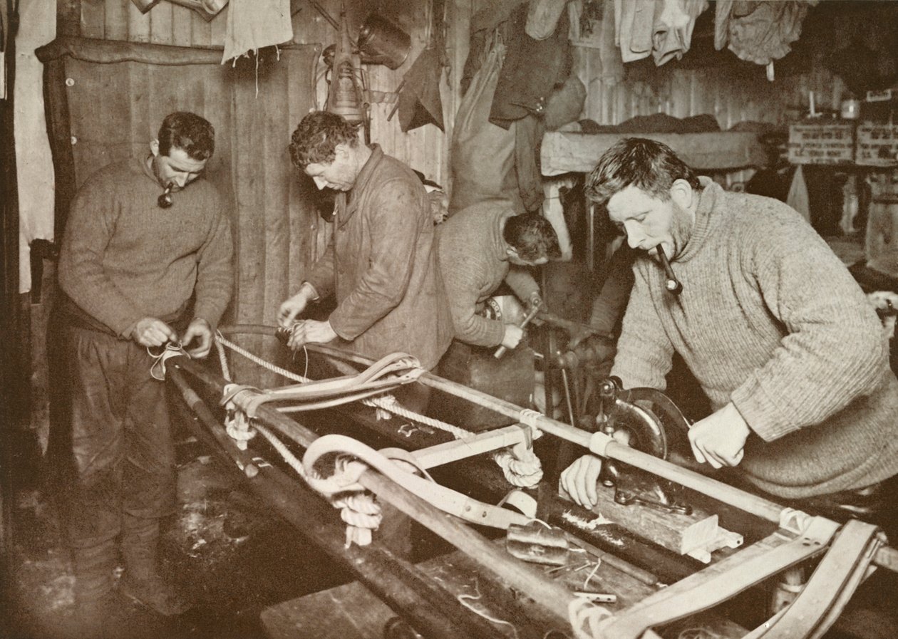 Preparing Sledges for the Polar Journey Crean, Forde, Lashly, P.O. Evans, c1911 by Herbert Ponting
