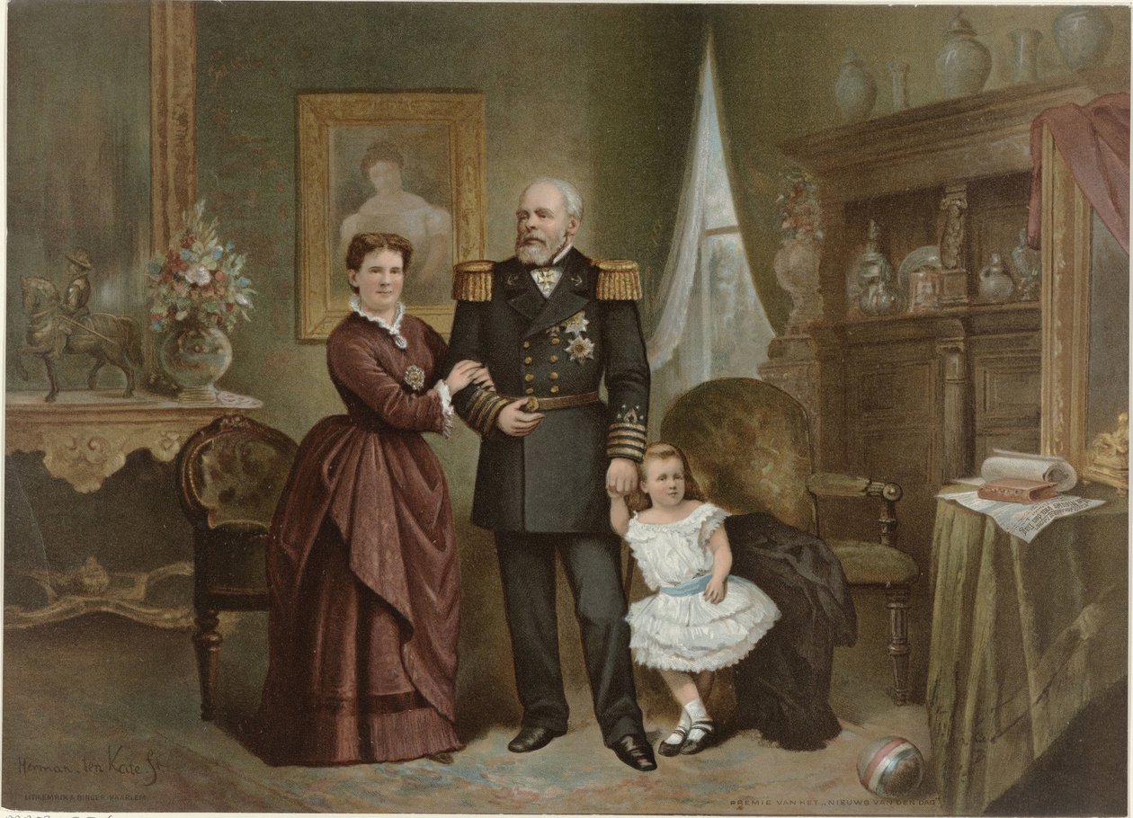 Portrait of Willem III, King of the Netherlands, Emma, Queen Regent of the Netherlands, and Wilhelmina, Queen of the Netherlands by Herman Frederik Carel ten Kate