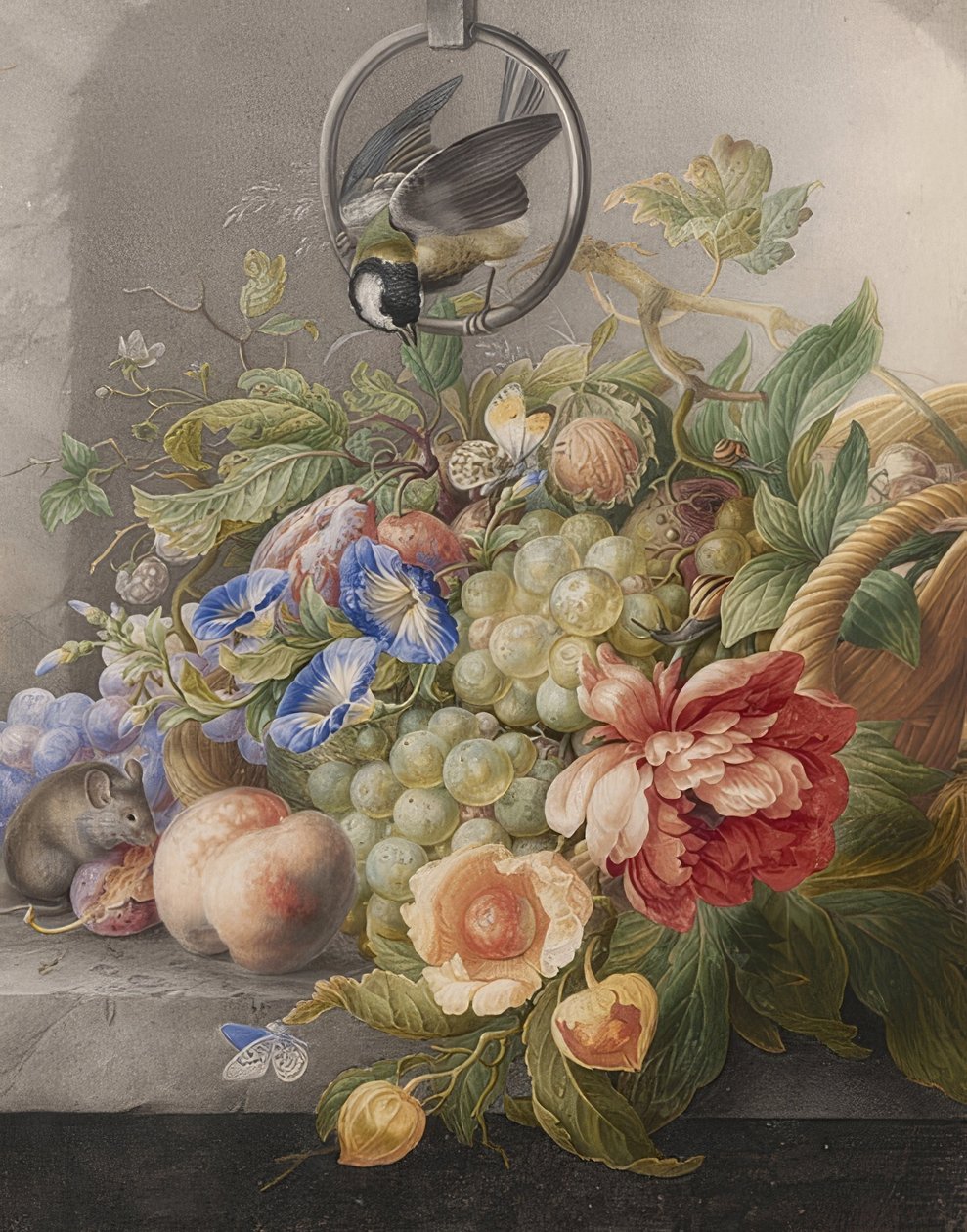 Flower Still Life, Fruits, a Great Tit, and a Mouse. Around 1700-10 by Herman Henstenburgh