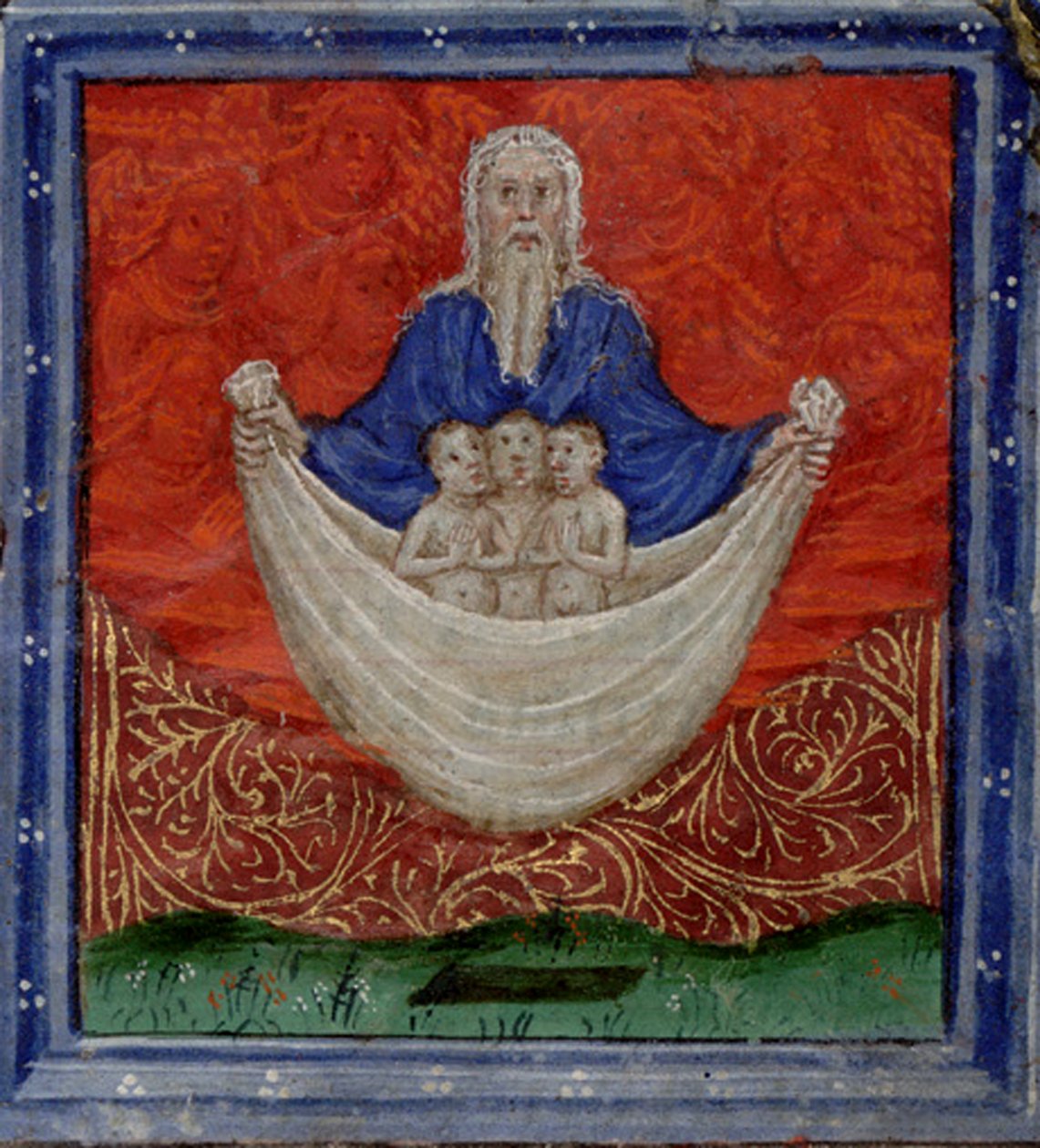 God the Father with three souls, being raised from the dead Book of Hours, c.1410 by Herman Scheerre