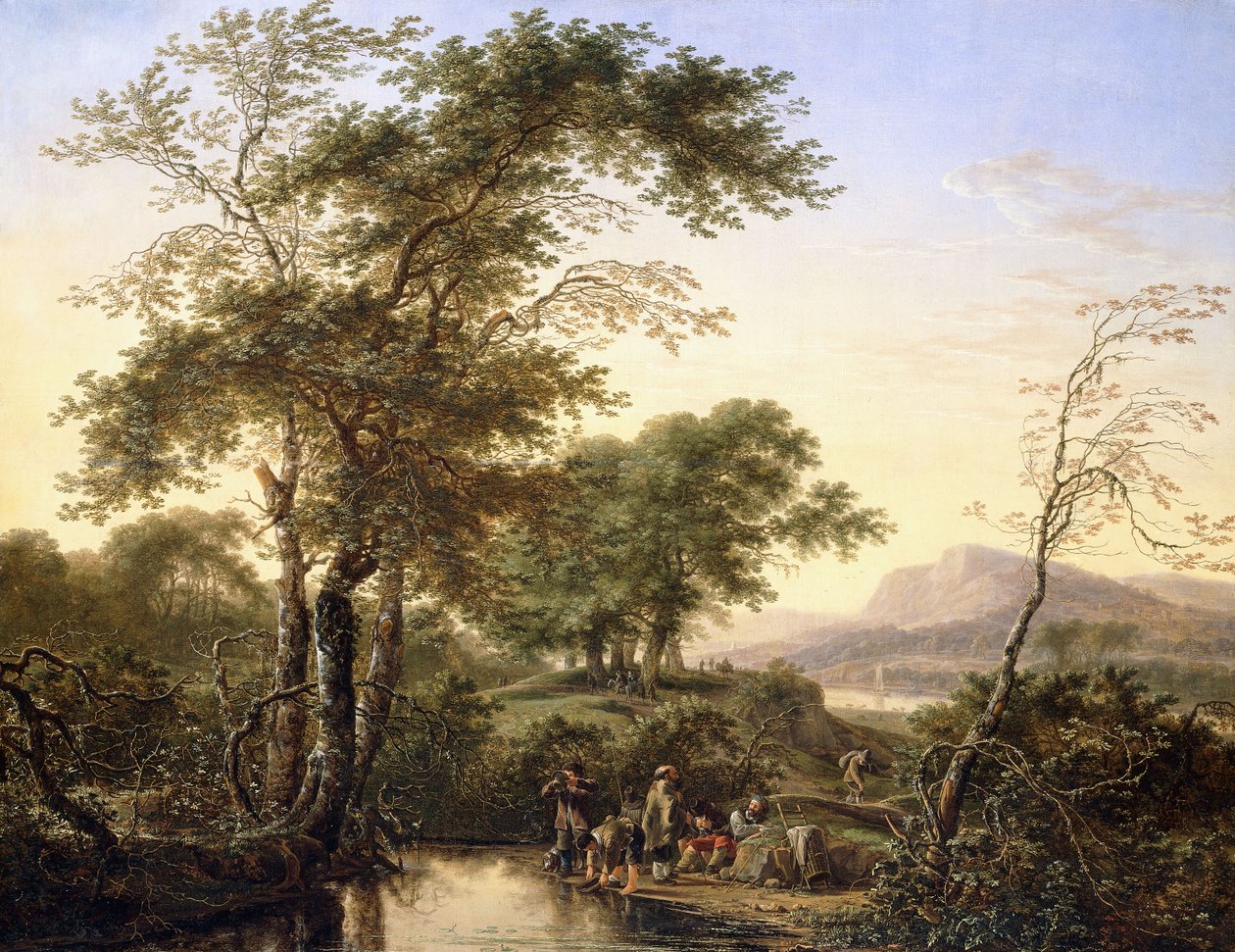 An Extensive Italianate River Landscape with Travellers by a Pool by Herman the Younger Saftleven