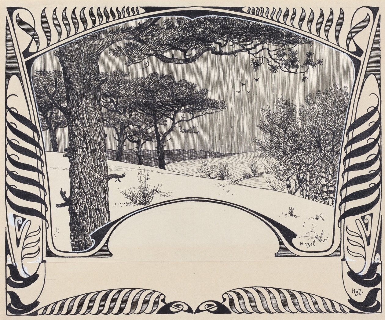 A Winter Landscape Within a Jugendstil Border by Hermann Hirzel