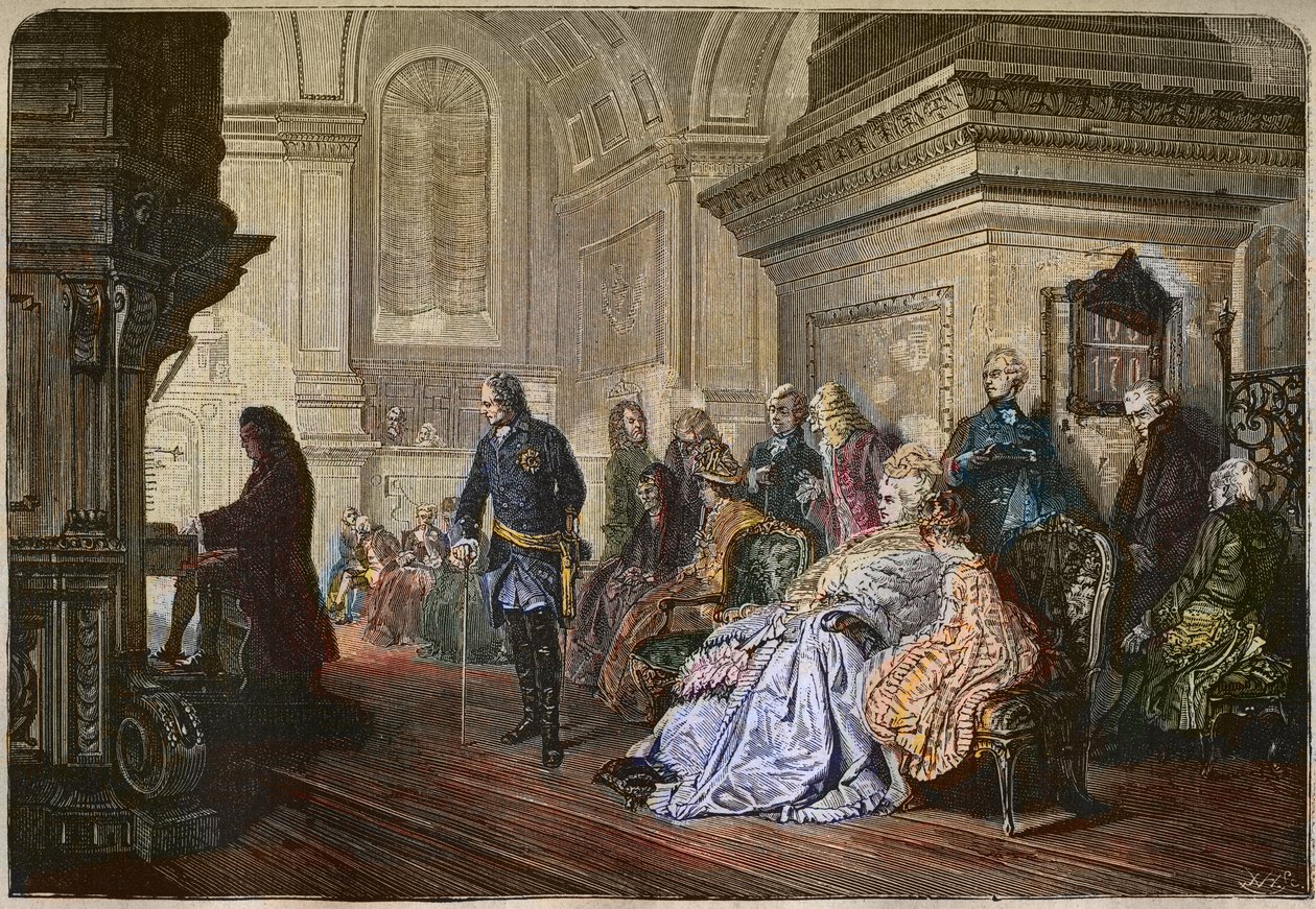 The King of Prussia Frederick II the Great (1712-1786) Listens to the Composer Johann Sebastian Bach Playing at Court, Engraving After a Painting by Kaulbach - Frederick II the Great, King of Prussia, Listening to Johann Sebastian Bach at the Organ, Sansso by Hermann Kaulbach