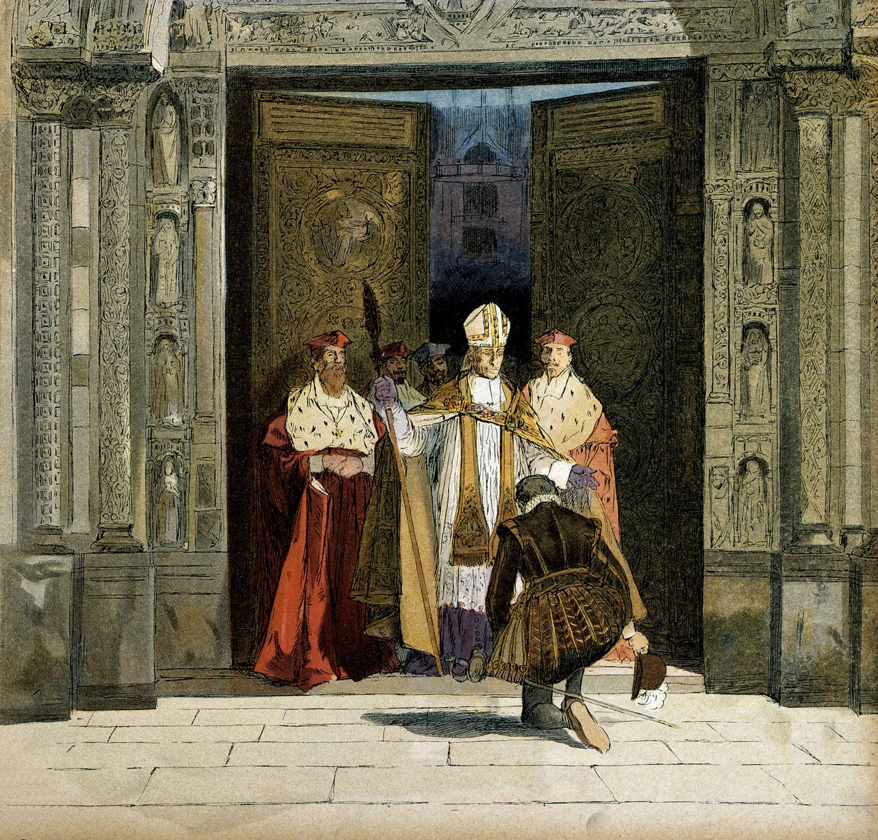 Abjuration of Henry IV in the abbey of Saint Denis in the presence of the arch of Bourges, Renaud de Beaune. The king abjure Protestantism on 25 July 1593. Illustration by Hermann Vogel in Henri IV by Hermann Vogel
