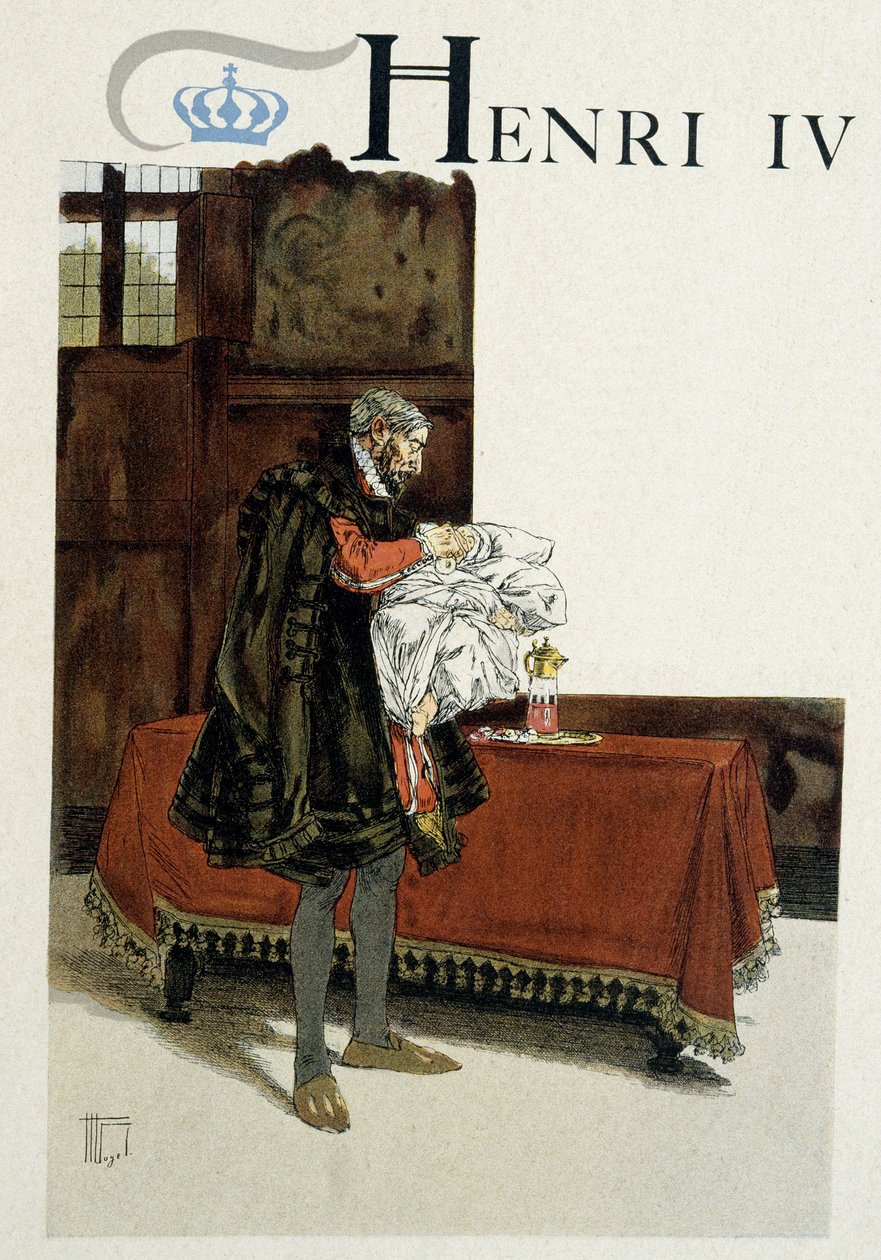 Birth of Henry IV, his grandfather holding the newborn in his arms rubs his lips with a clove of garlic by Hermann Vogel