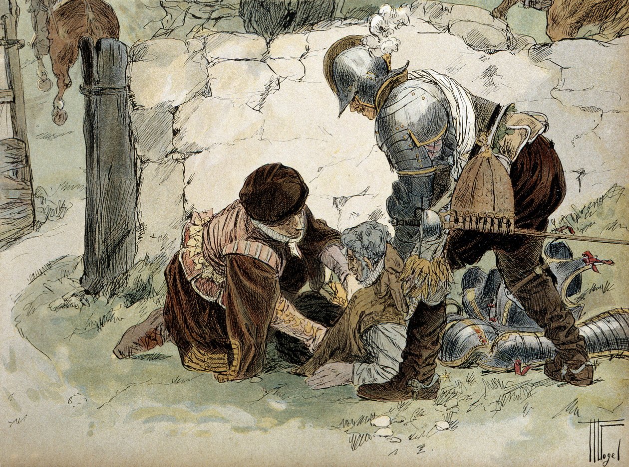 Henri IV injured during a reconnaissance at Aumale against the Mayenne army. Illustration by Hermann Vogel in Henri IV by Hermann Vogel