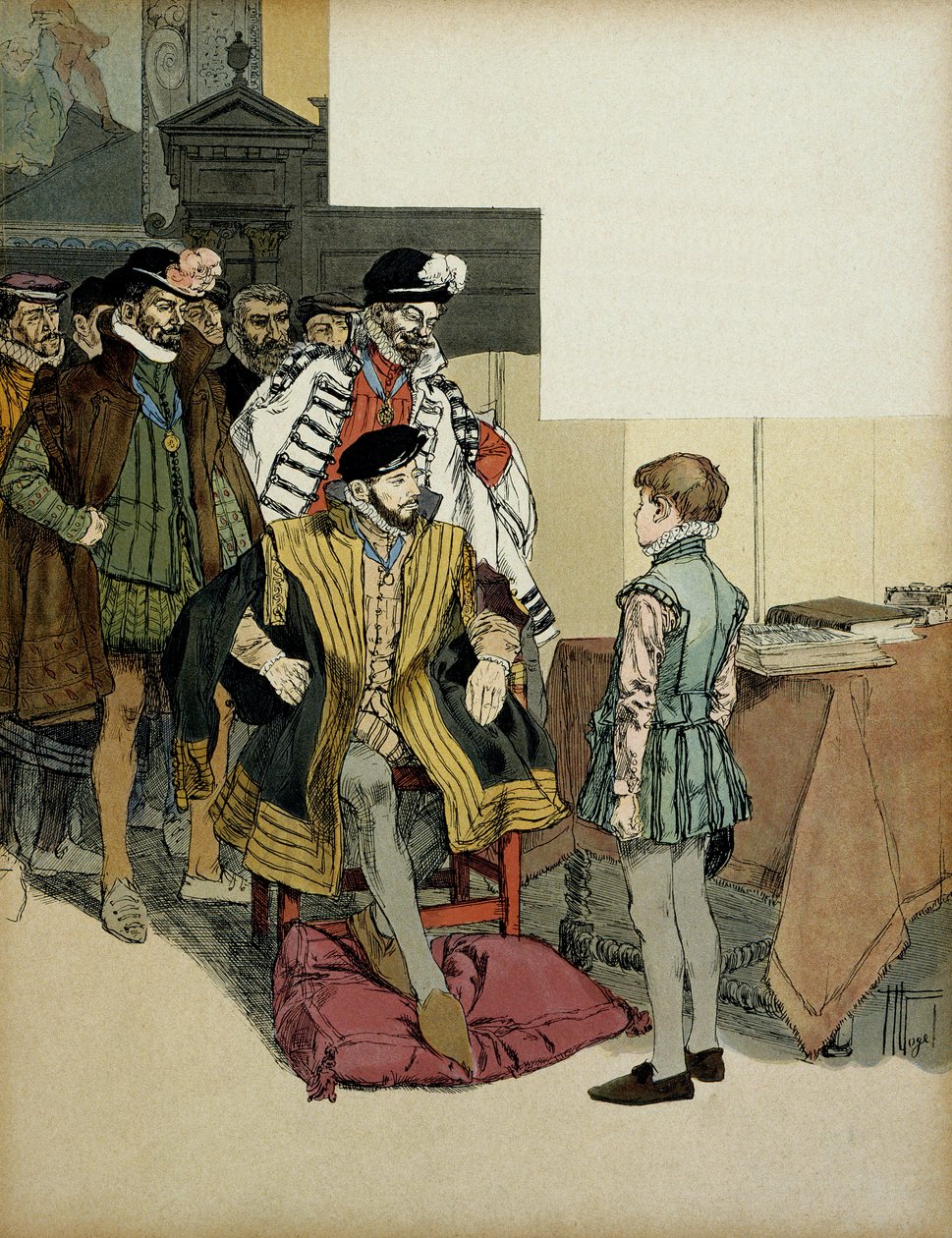 The King of France Henri II surrounded by his gentlemen likes to question Henry IV as a child for his repartees. Illustration by Hermann Vogel in 