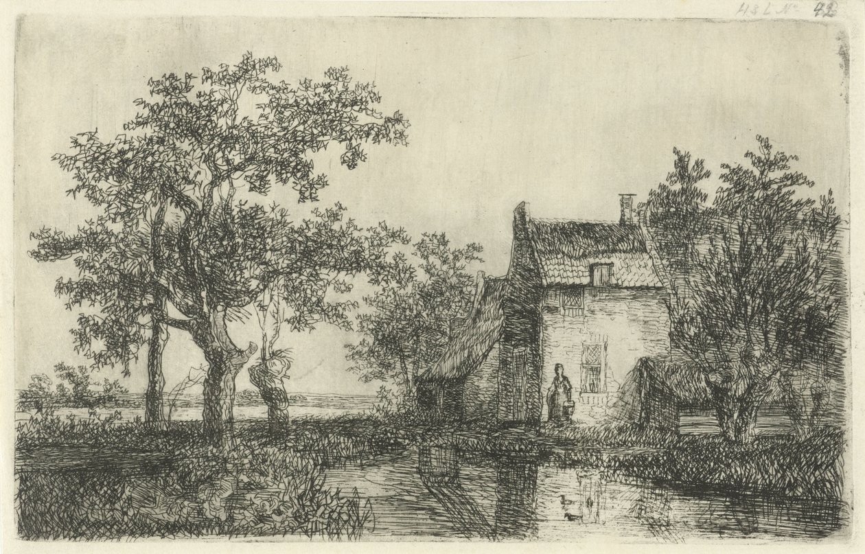 Woman with a Basket in Front of a Farmhouse by the Water by Hermanus Jan Hendrik van Rijkelijkhuysen