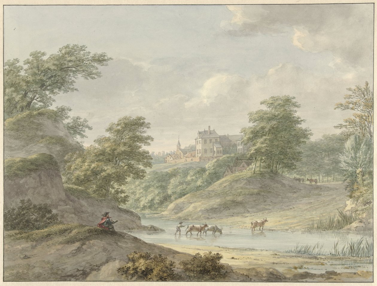 Landscape with Seated Draughtsman and Castle by Water by Hermanus Numan
