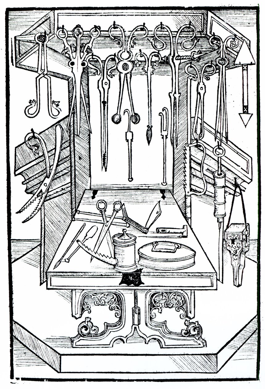 Operating table and surgical instruments, from 