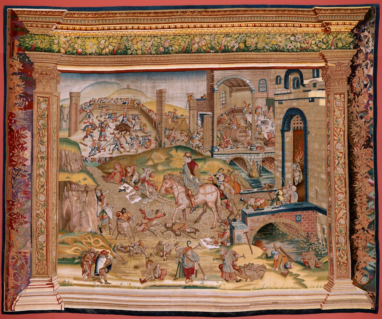 Flemish tapestry. Series Four tapestries after Hieronymus Bosch. Saint Martin. First tapestry in the series. Model Inspired by the work of Hieronymus Bosch. Manufacture Unknown workshop, Brussels. Before 1560. by Hieronymus (after) Bosch