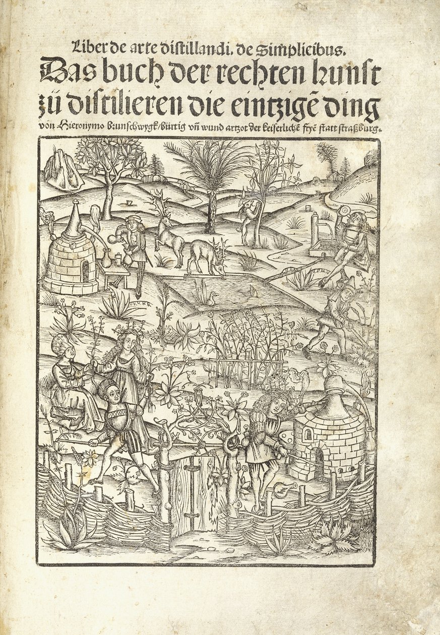 Title page, illustrating herbal distilleries with figures in a landscape by Hieronymus Brunschwig