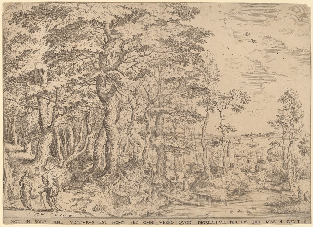 Landscape with the Temptation of Christ by Hieronymus Cock after Pieter Bruegel the Elder