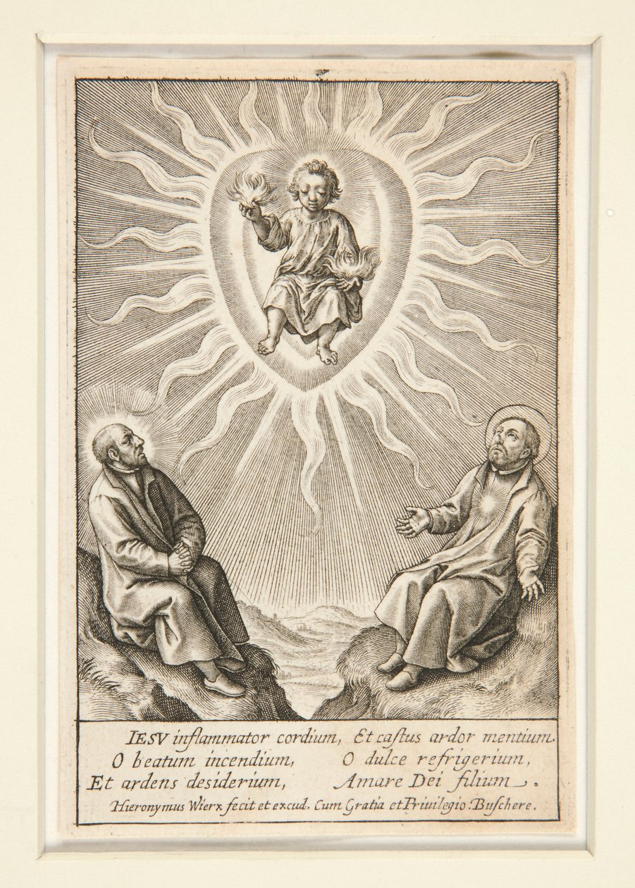 The Infant with a Flaming Heart Between Ignatius of Loyola and Francis Xavier by Hieronymus Wierix